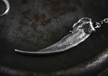 silver claw earrings displayed on metal surface